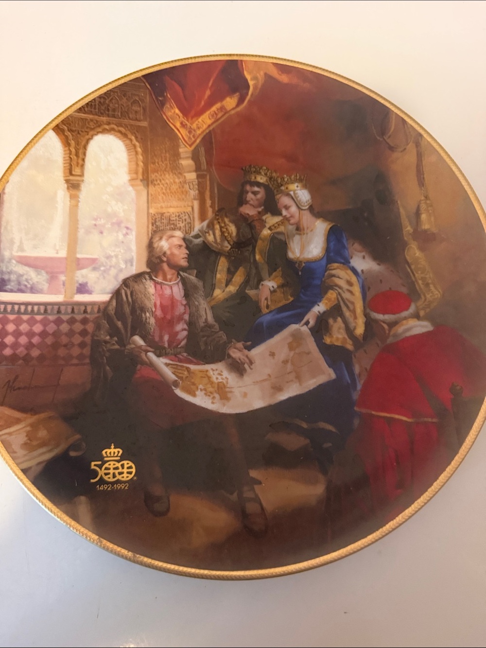 Commemorative Ceramic Plate with Royal Historical Scene - Blue & Red Accents